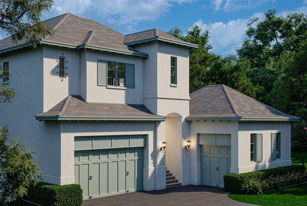 This is a rendering of a two-story house with a two-car garage and light-colored stucco — 6151 BAYOU GRANDE BOULEVARD NE, ST PETERSBURG, FL