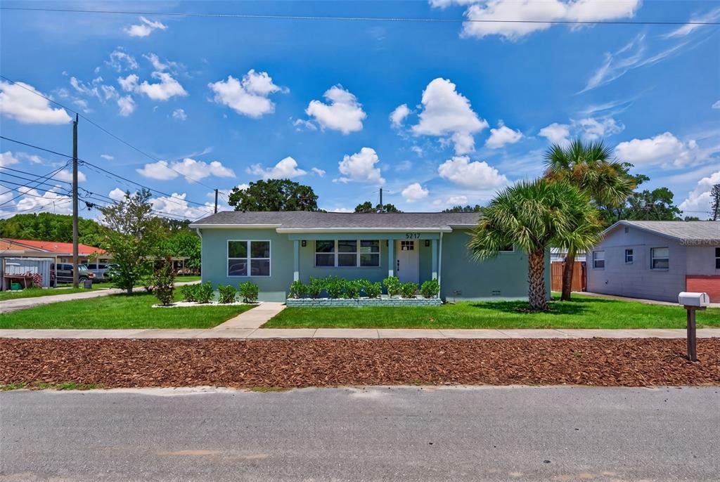A light green, single-story house with a front porch and a palm tree in front — 5217 18TH AVENUE S, GULFPORT, FL