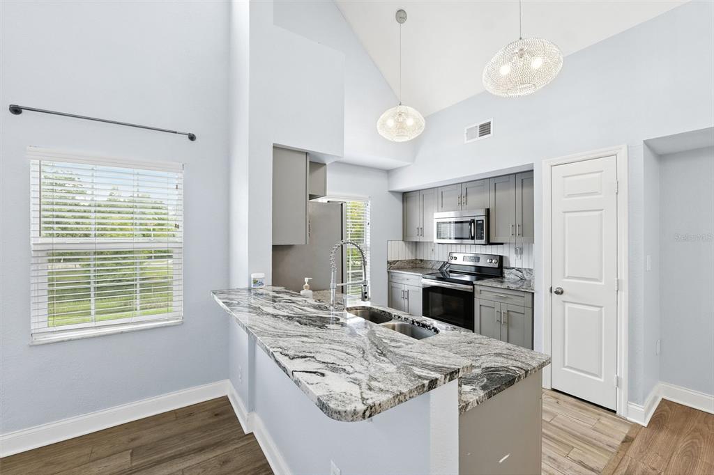 A kitchen features gray cabinets, granite countertops, a breakfast bar, and two pendant lights — 9368 LAKE CHASE ISLAND WAY UNIT 9368, TAMPA, FL