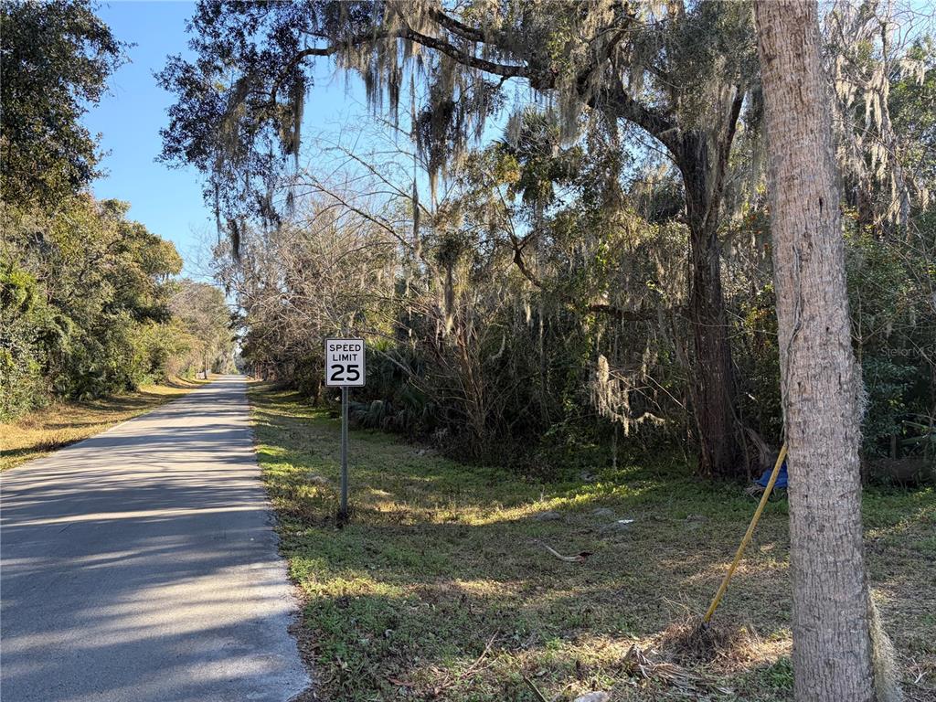 A paved road runs alongside a wooded area with a speed limit sign — Lot 16 QUEBEC AVENUE, DE LEON SPRINGS, FL