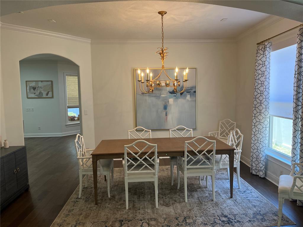 A dining room features a wooden table, white lattice chairs, a chandelier, and wall art — 3820 W SAN LUIS STREET, TAMPA, FL