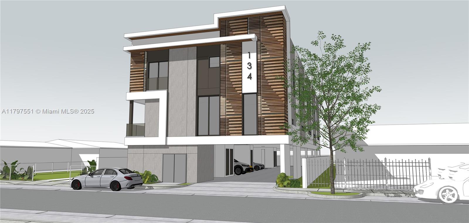 This is a digital architectural rendering of a modern three-story building with wood-slat accents — 134 NW 32nd St, Miami FL 33127, MIAMI, FL