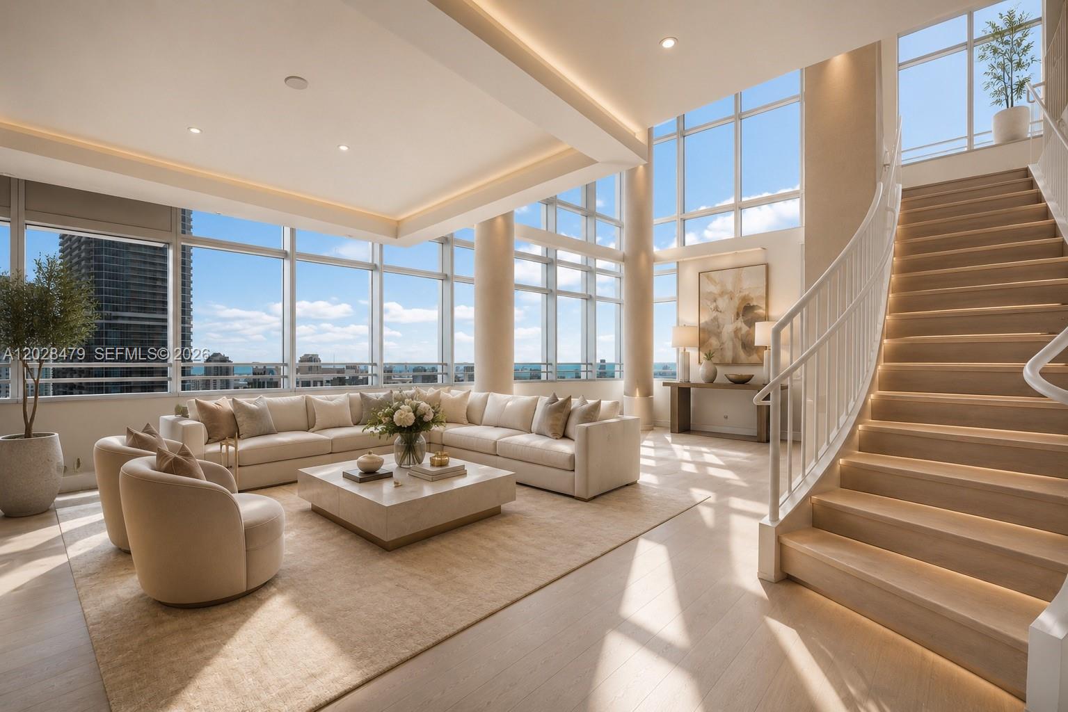 A modern living room features a curved staircase, floor-to-ceiling windows, and neutral-toned furniture — 1395 Brickell Ave # 3410, Miami FL 33131, MIAMI, FL