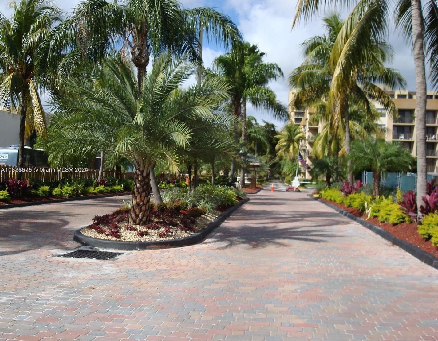 A paved driveway leads through a landscaped entrance lined with palm trees and tropical plants — 1470 NE 123rd St # A902, North Miami FL 33161, NORTH MIAMI, FL