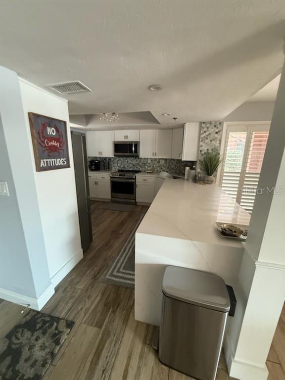 A kitchen features white cabinetry, stainless steel appliances, a quartz waterfall island, and wood-look flooring — 1020 E MICHIGAN STREET UNIT 1020, ORLANDO, FL