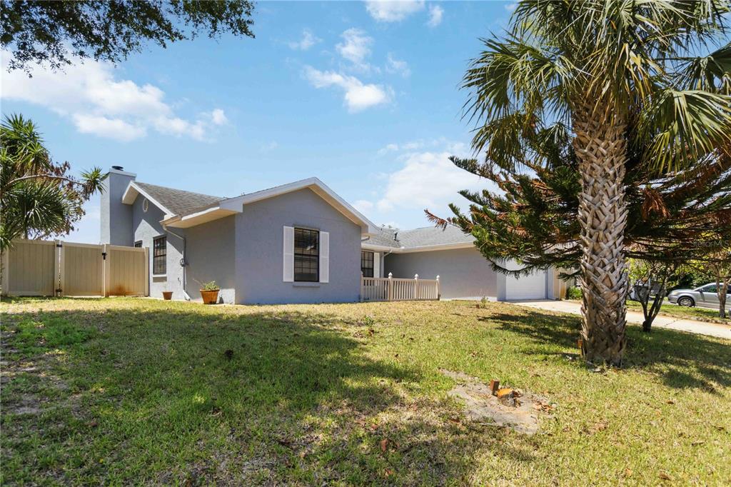 A light blue single-story house with a white fence and a large palm tree — 2595 WHITE OAK LANE, TITUSVILLE, FL