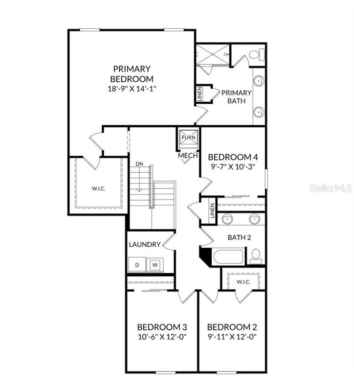 This is a floor plan of a four-bedroom residential upper level with a laundry room — 10111 MORNING MEADOWLARK TRAIL, PARRISH, FL