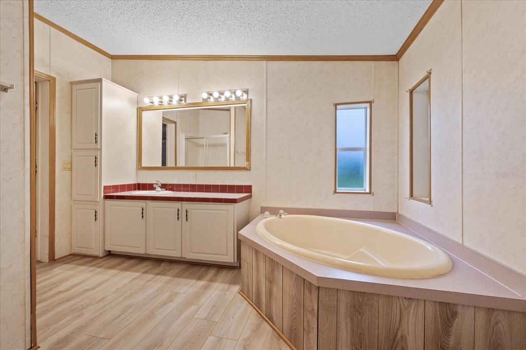 A bathroom features a vanity with a red tile countertop, a corner tub, and wood-look flooring — 12936 MARSH ROAD, SPRING HILL, FL