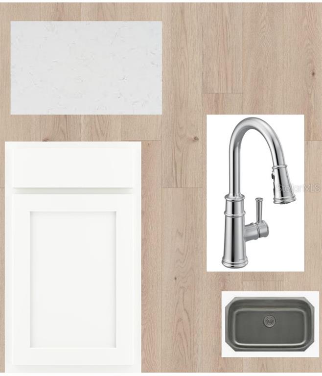 This is a digital rendering of kitchen design finishes including cabinetry, flooring, countertop, and fixtures — 328 VISTERA BOULEVARD, NOKOMIS, FL