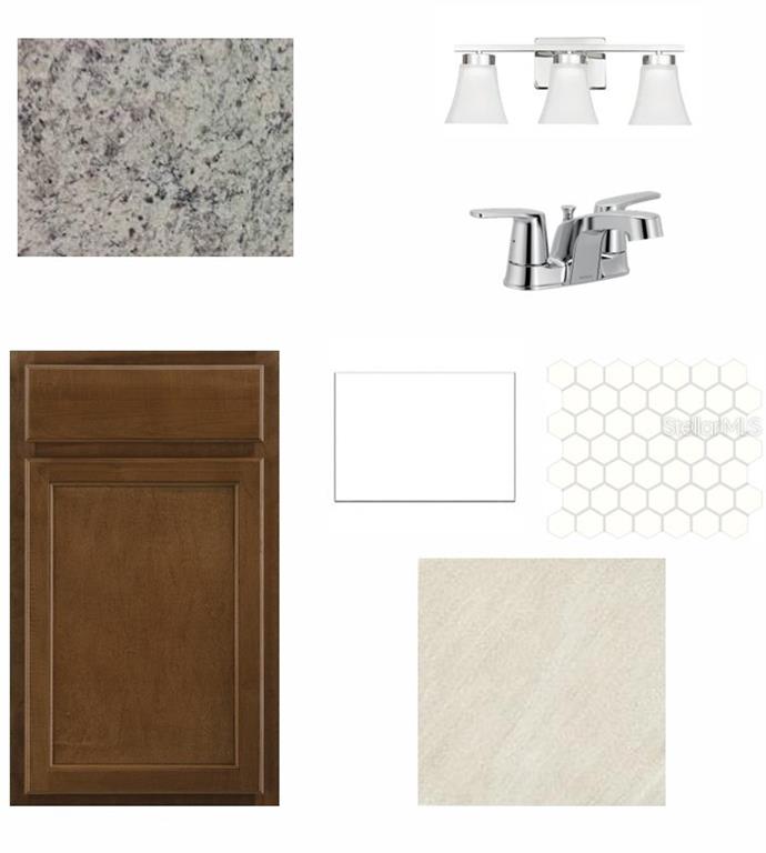 This image is a digital collage showing bathroom finish samples including cabinetry, countertops, tile, and fixtures — 328 VISTERA BOULEVARD, NOKOMIS, FL