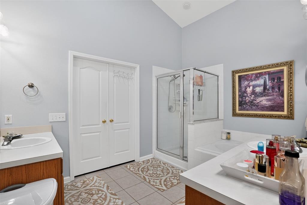 A bathroom features a double vanity, a glass-enclosed shower, a soaking tub, and double doors — 11519 MISTY ISLE LANE, RIVERVIEW, FL