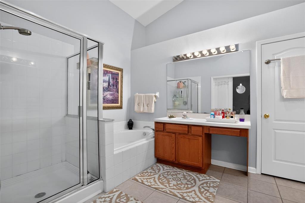 A bathroom with a glass-enclosed shower, a soaking tub, and a wooden vanity with lighting — 11519 MISTY ISLE LANE, RIVERVIEW, FL