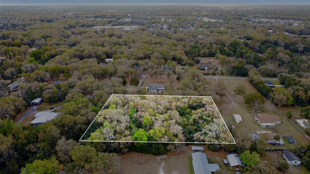 An aerial view shows a rectangular, tree-covered lot outlined in white within a rural neighborhood — N RIDGEWOOD AVENUE, DELAND, FL