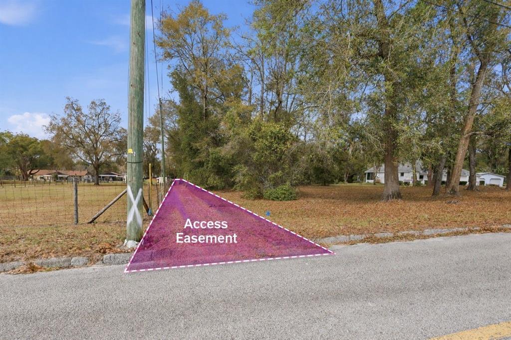 A triangular area marked as an access easement is highlighted on a grassy roadside lot — N RIDGEWOOD AVENUE, DELAND, FL