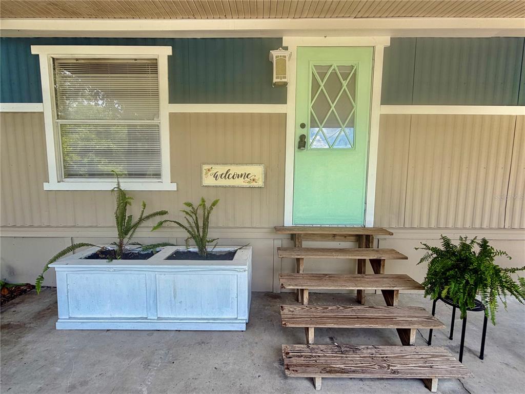 A light green door with a diamond-patterned window sits beside wooden steps and planters — 31638 LAKE DRIVE, EUSTIS, FL