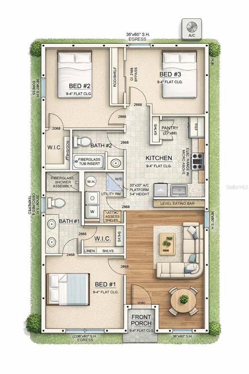 This is a floor plan for a three-bedroom, two-bathroom house with an open-concept living area — 939 MOTON AVENUE, SANFORD, FL