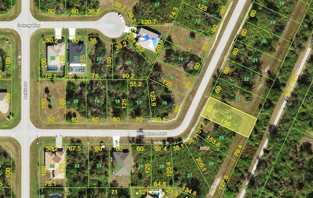 This is a satellite map showing residential lots and street layouts in a neighborhood — 144 SMALLWOOD ROAD, ROTONDA WEST, FL