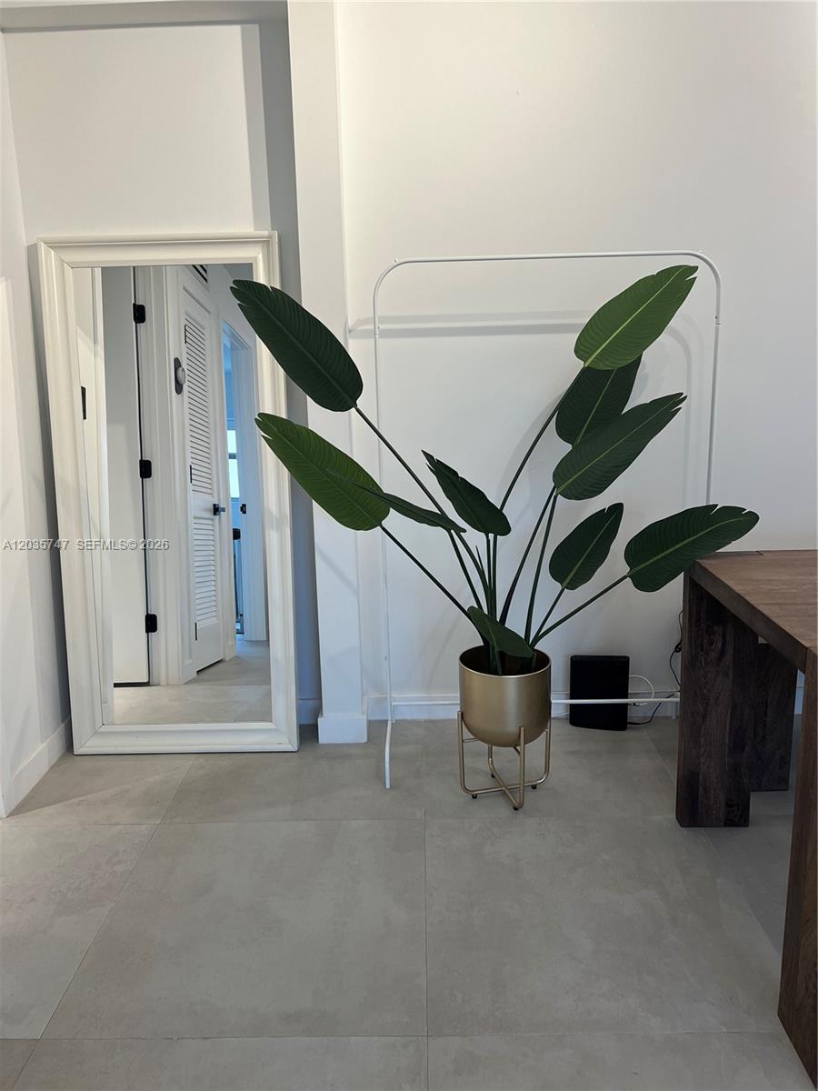 A tall floor mirror and a potted plant in a gold stand sit on a tiled floor — 240 Collins Ave # 4A, Miami Beach FL 33139, MIAMI BEACH, FL