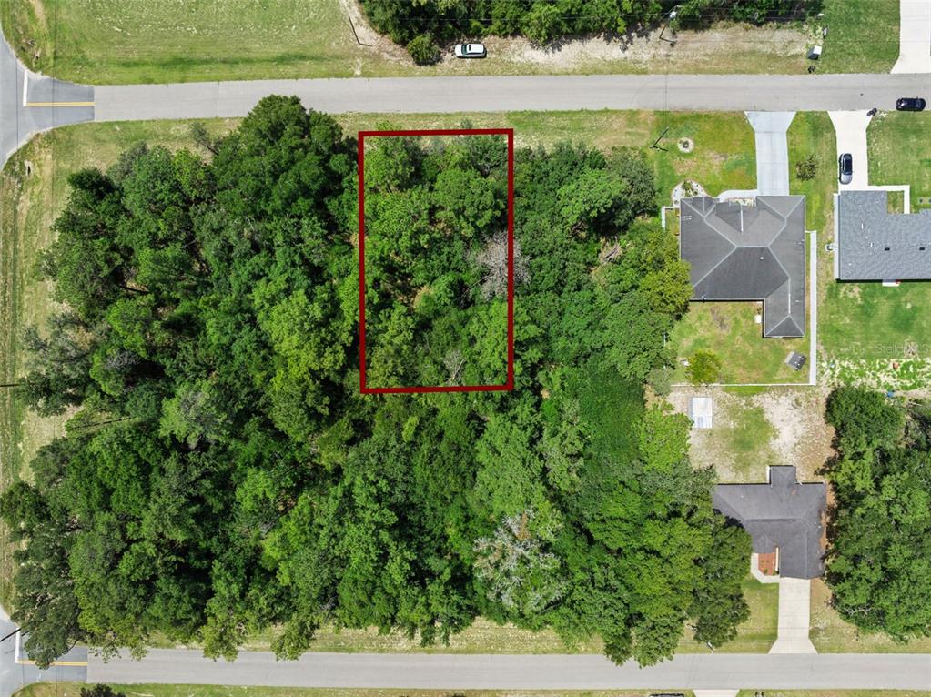 An aerial view shows a rectangular plot of land outlined in red amidst dense trees — 0 SW 128TH PLACE, OCALA, FL