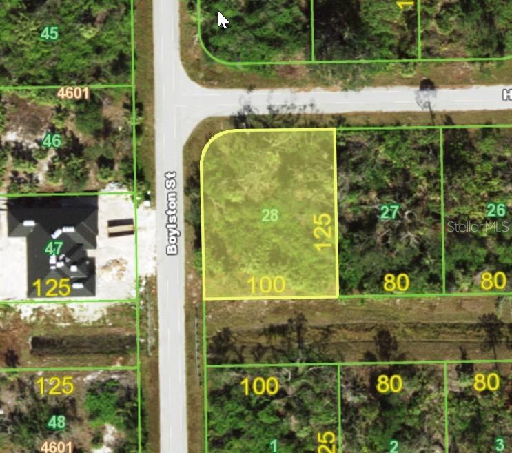 This is a map showing a highlighted vacant corner lot with dimensions — 13247 HOLTVILLE AVENUE, PORT CHARLOTTE, FL