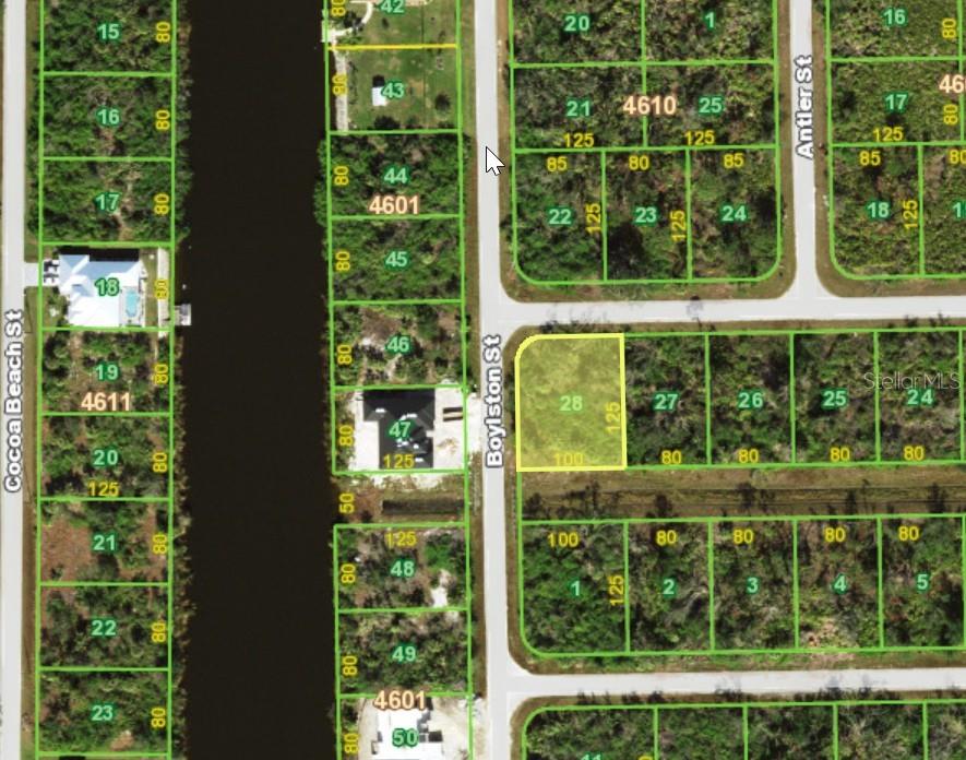 This is a map showing a highlighted vacant residential lot at a street corner — 13247 HOLTVILLE AVENUE, PORT CHARLOTTE, FL