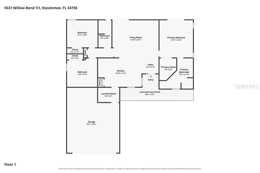 This is a floor plan for a single-story house with a garage and front porch — 5537 WILLOW BEND TRAIL, KISSIMMEE, FL