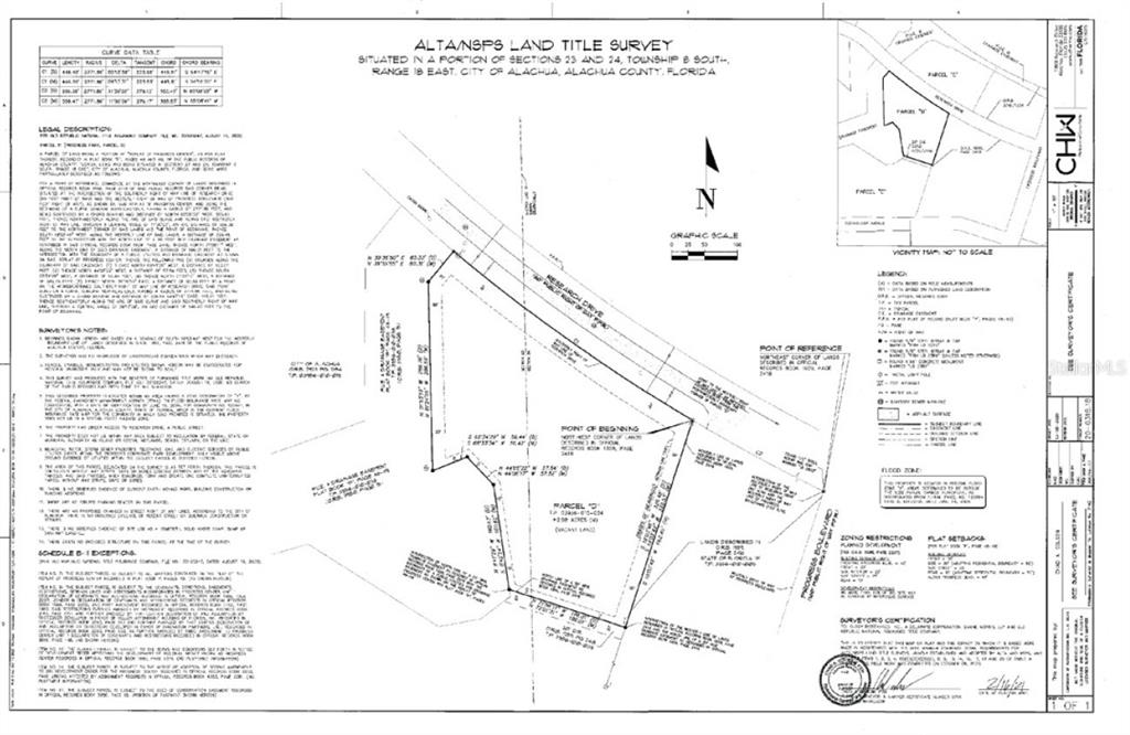 This is a land title survey map showing property boundaries, easements, and legal descriptions — RESEARCH DRIVE, ALACHUA, FL