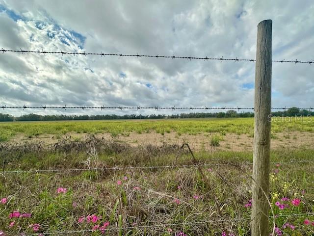 A wooden fence post stands in the foreground of a large, grassy field under a cloudy sky — SW 80TH STREET, TRENTON, FL