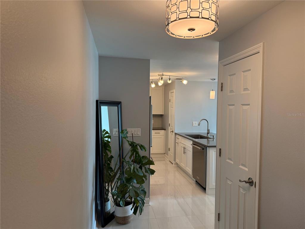 A hallway with a floor mirror and plant leads into a modern kitchen with white cabinets — 345 BAYSHORE BOULEVARD UNIT 1102, TAMPA, FL