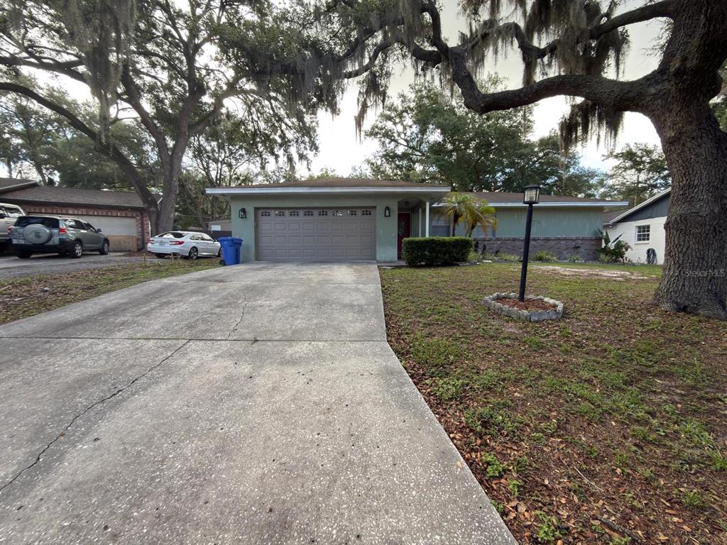 A single-story house with a concrete driveway, two-car garage, and large oak trees — 2209 BOXWOOD WAY, BRANDON, FL