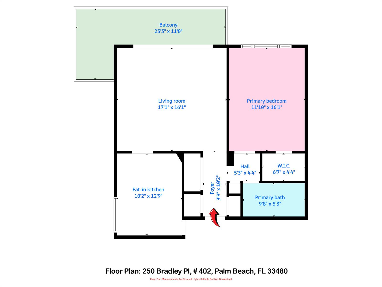 This is a floor plan for a one-bedroom apartment with a balcony and primary suite — 250 N Bradley Place # 402, Palm Beach FL 33480, PALM BEACH, FL