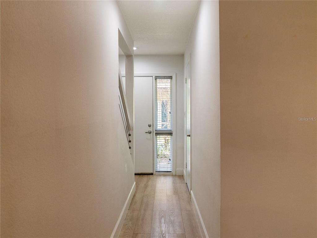 A hallway with light wood-look flooring leads to a white door with vertical windows — 517 S SUMMERLIN AVENUE, ORLANDO, FL