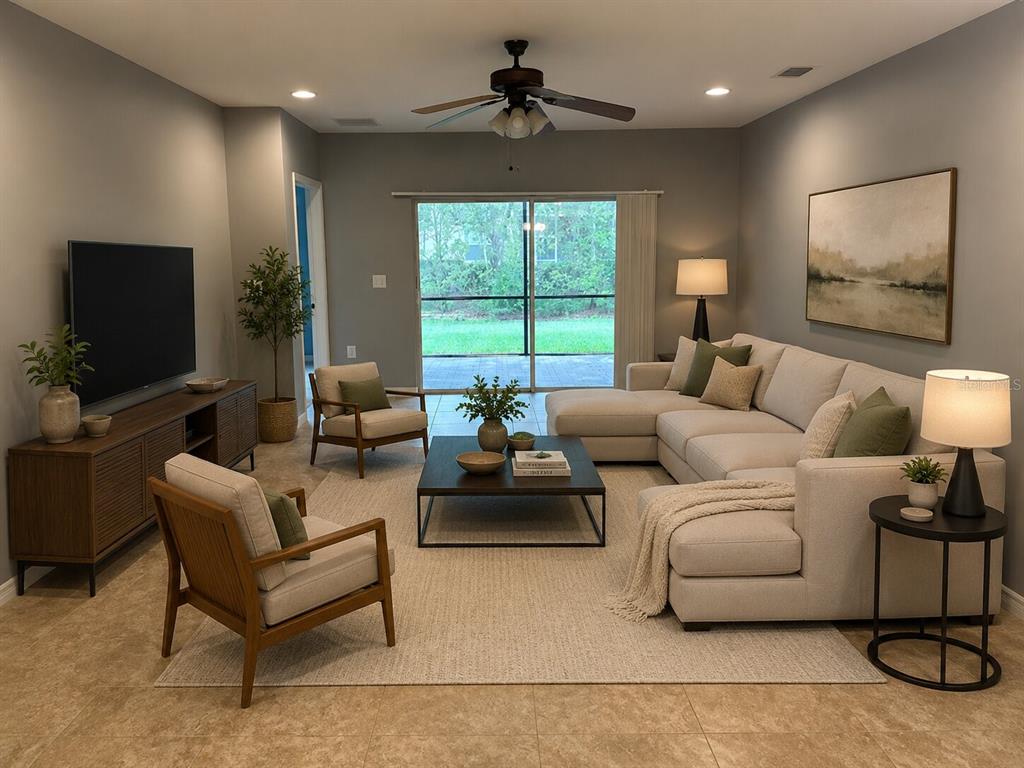 A living room features a sectional sofa, two armchairs, a television, and a sliding glass door — 4266 DUTCHESS PARK ROAD, FORT MYERS, FL