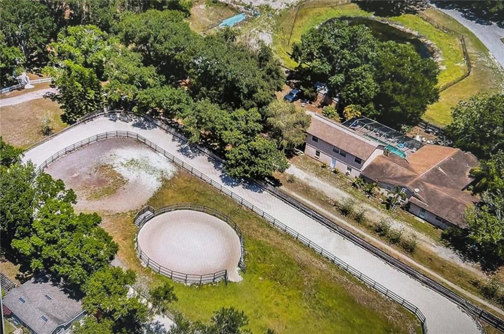 An aerial view shows a house with a pool, round pen, and fenced horse paddocks — 10520 HENDERSON ROAD, TAMPA, FL