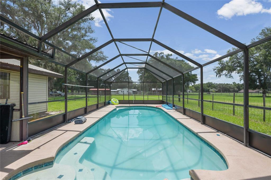 A screened-in swimming pool with a concrete deck overlooks a grassy field and trees — 348 CR 542E, BUSHNELL, FL