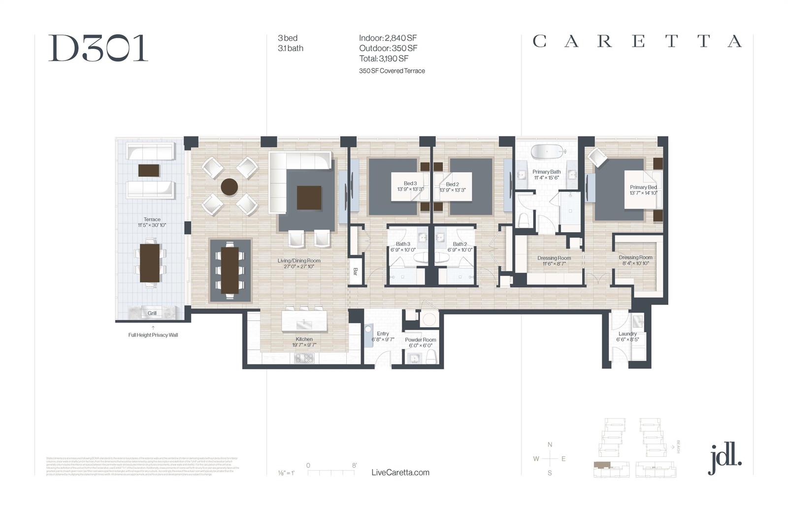 This is a floor plan for a three-bedroom, three-and-a-half-bath residential unit with a terrace — 1011 Us Highway 1 # D301, Juno Beach FL 33408, JUNO BEACH, FL