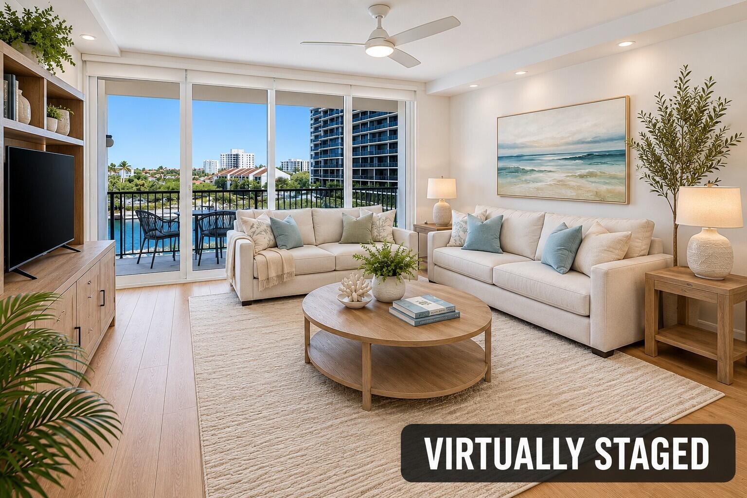 A living room with two sofas, a round coffee table, and a balcony overlooking water — 4750 S Ocean Boulevard # 512, Highland Beach FL 33487, HIGHLAND BEACH, FL