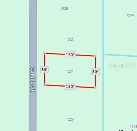 This map shows the rectangular property boundaries and dimensions of a vacant residential lot — 1231 CAMILO STREET, LAKE PLACID, FL