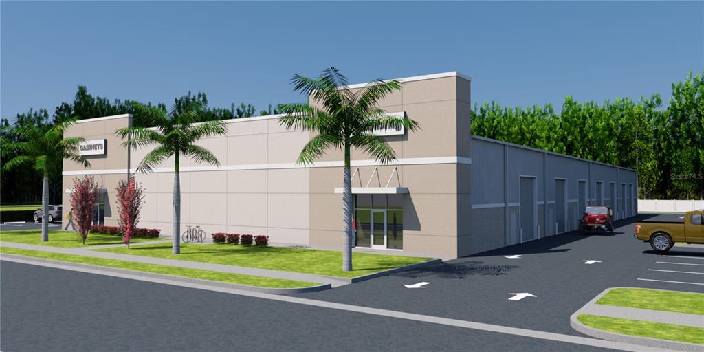 This is a digital rendering of a modern commercial building with palm trees and parking — 535 BRADY ROAD, TARPON SPRINGS, FL