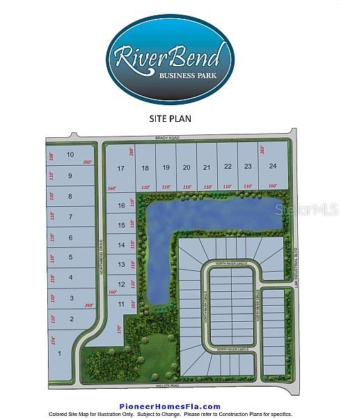 This is a site plan for the River Bend Business Park showing numbered lots — 535 BRADY ROAD, TARPON SPRINGS, FL