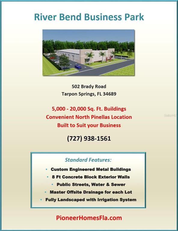 A digital rendering shows a commercial building with a parking lot and surrounding landscaping — 535 BRADY ROAD, TARPON SPRINGS, FL
