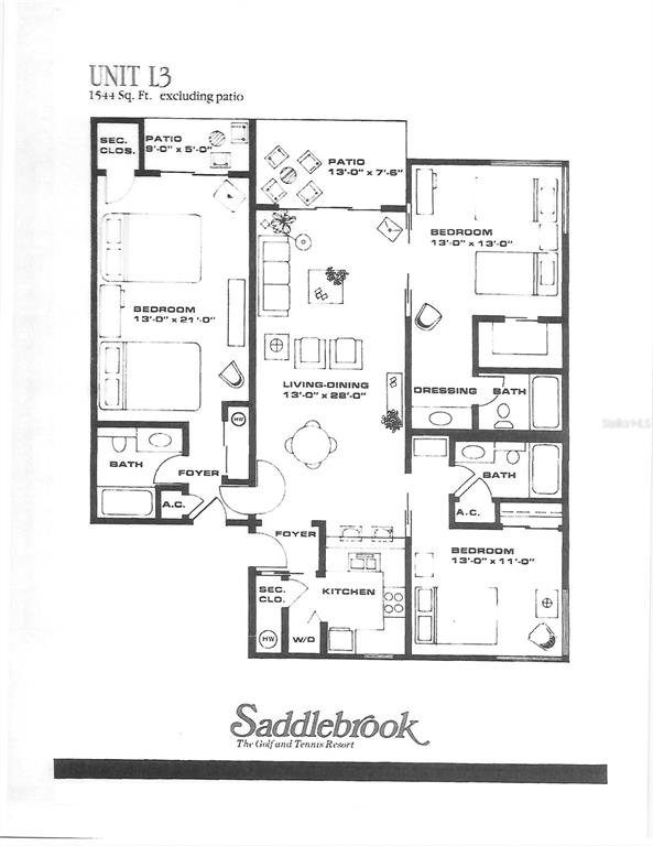 This floor plan shows a three-bedroom, three-bathroom residential unit with two patios and a kitchen — 4947 MILL POND ROAD UNIT 3103, WESLEY CHAPEL, FL