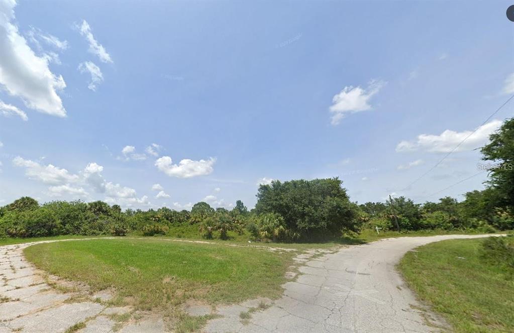A paved road curves past a grassy lot with dense trees and vegetation under a sky — LOT 54 & 55 NEWMAN DRIVE, NORTH PORT, FL