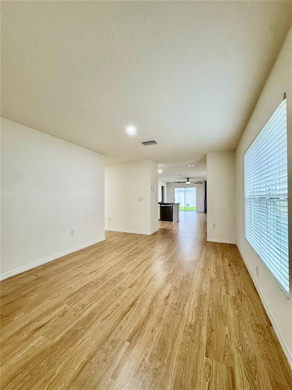 An interior view shows a living area with light wood-look flooring leading toward a kitchen — 12176 WATER ASH PLACE, RIVERVIEW, FL