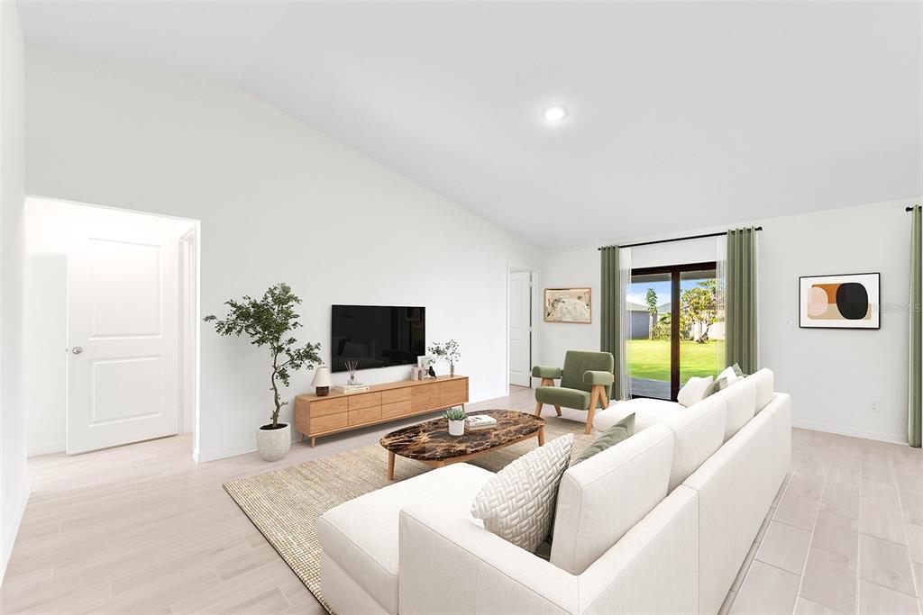 This is a digital rendering of a modern living room with white walls and tile flooring — 7338 PRINTER STREET, PORT CHARLOTTE, FL