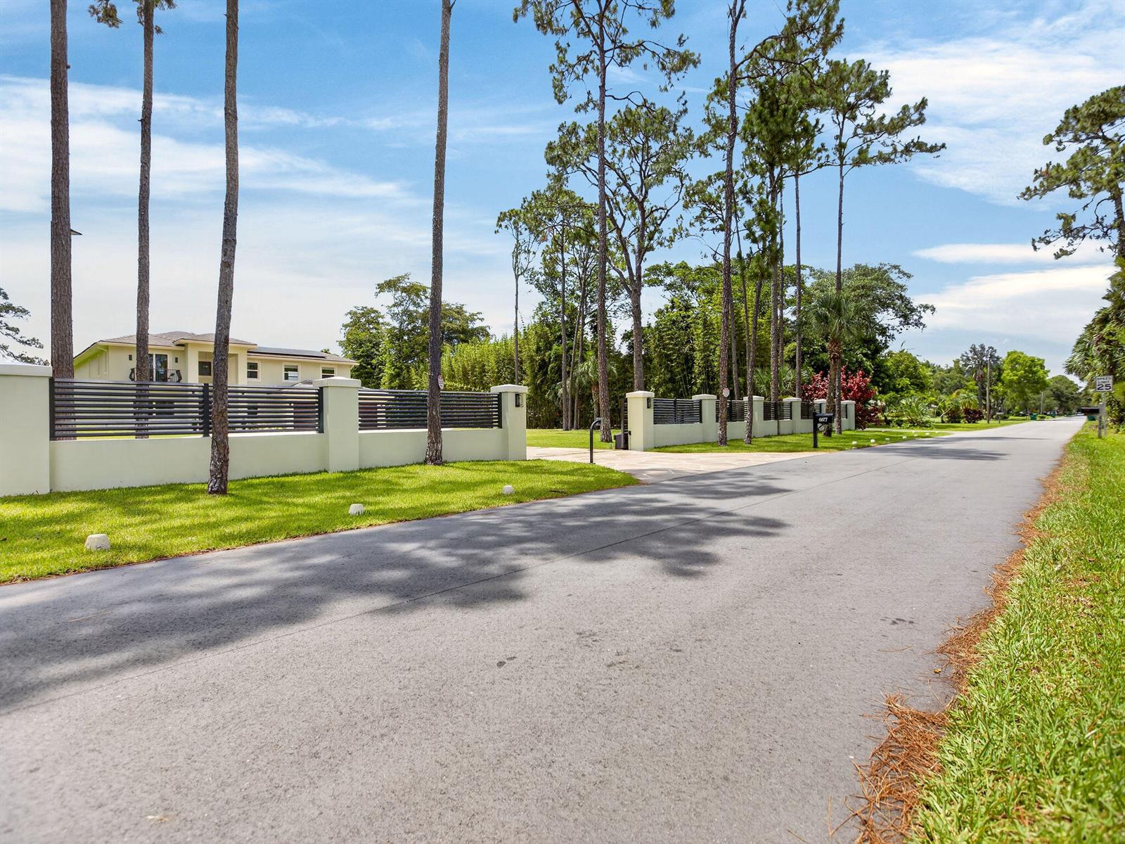 A paved road runs alongside a property enclosed by a modern wall and metal fence — 6077 NW 71st Terrace, Parkland FL 33067, PARKLAND, FL