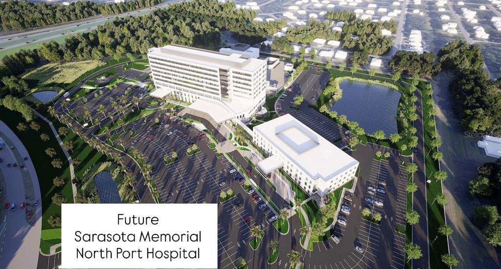 This is an architectural rendering of the future Sarasota Memorial North Port Hospital campus — TYSON STREET, NORTH PORT, FL