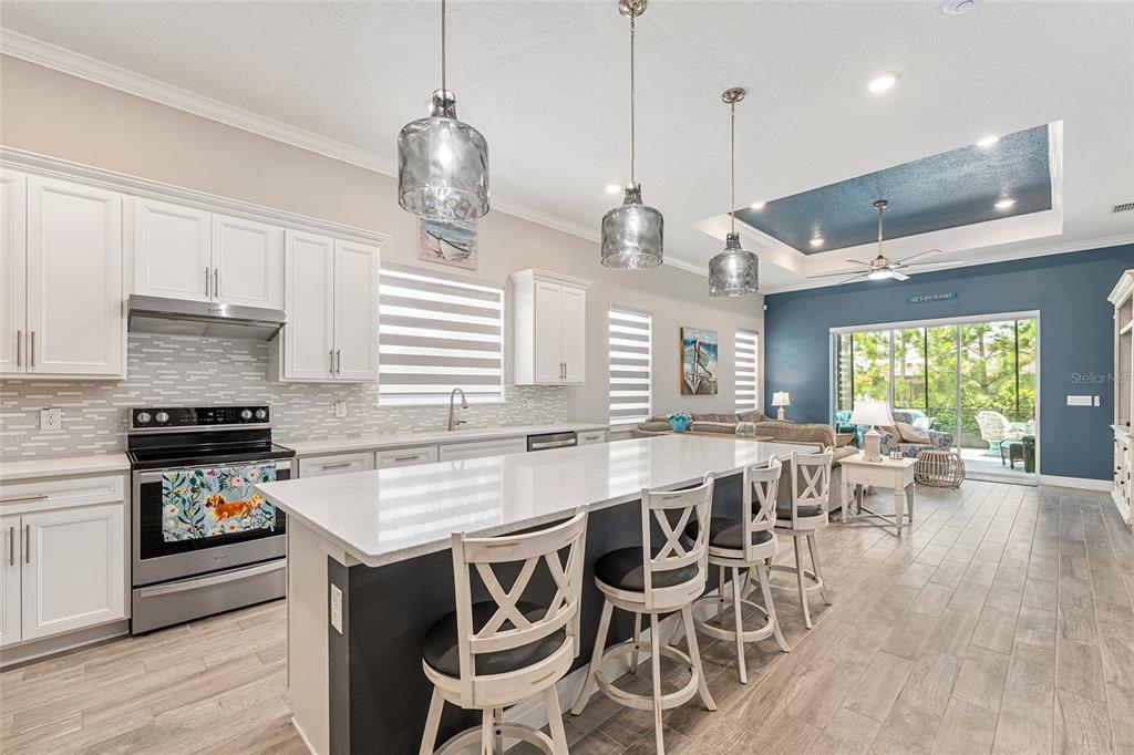 A modern kitchen with white cabinets, a large island, and pendant lights opens to a living area — 8876 SW 59TH LANE ROAD, OCALA, FL