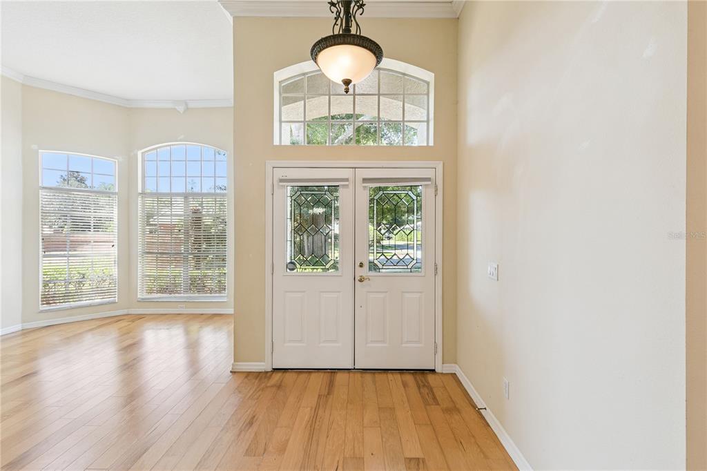 An entryway with wood-look flooring, double front doors with glass inserts, and a transom window — 5700 CLIMBING ROSE WAY, SANFORD, FL