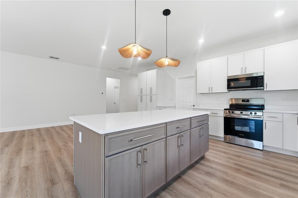 A kitchen features a gray island, white cabinets, stainless steel appliances, and two pendant lights — 1324 MARSHALL DRIVE, LEESBURG, FL